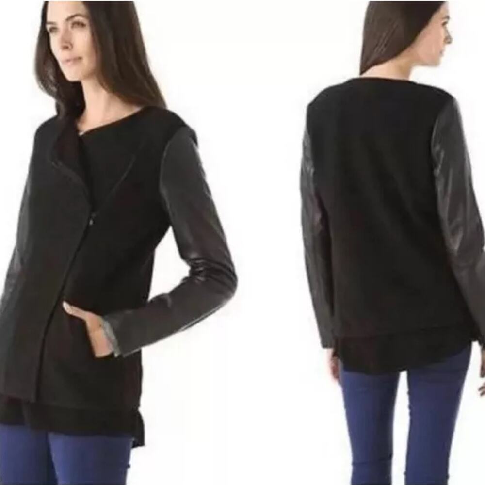 Vince. Wool & Leather Sleeve Black MOTO Jacket Travel Outdoor Women's Small‎
